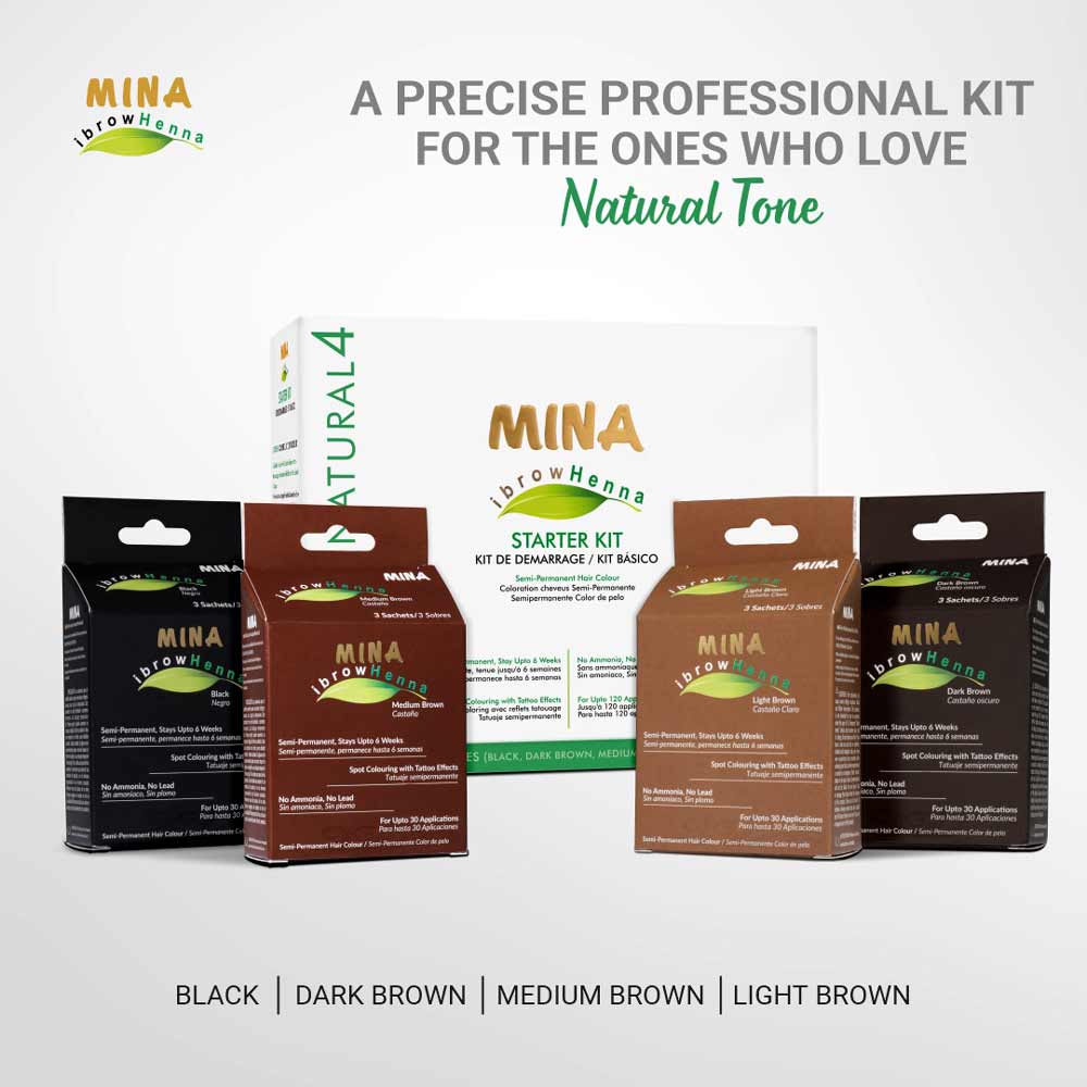 Brow Henna Tint Professional Starter Kit - Natural Tone (Set of 4 Shades - Black, Dark Brown, Medium Brown & Light Brown)